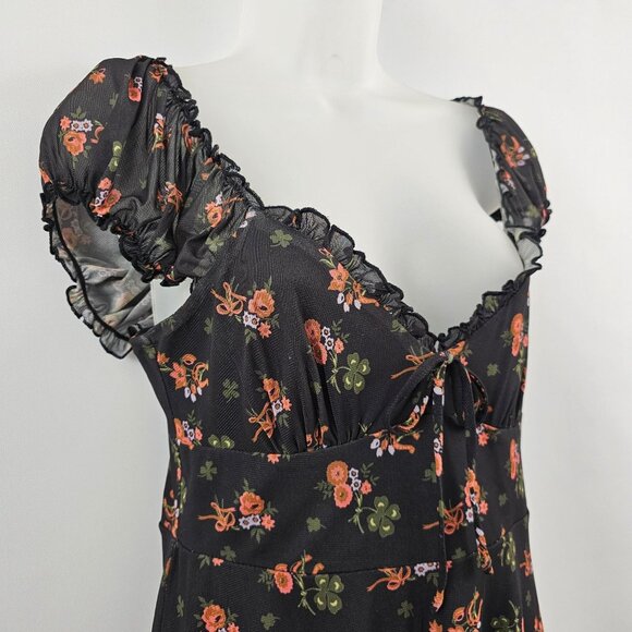 Vintage Y2K Urban Outfitters Babydoll Mini Dress M Dark Floral Ruffle Milkmaid - Picture 6 of 13